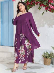 Mulvari Đầm Plus Size Tương phản Mesh Hoa Khiêm tốn - Màu tím - Xem 5