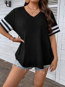Calvaya Áo thun Plus size Sọc Giải trí - màu đen - Xem 3
