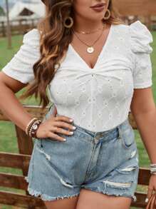 Celure 大碼泡泡袖網眼刺繡T恤 - 白色 - 查看 6