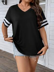 Calvaya Áo thun Plus size Sọc Giải trí - màu đen - Xem 5