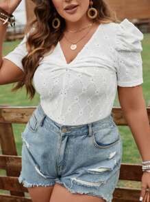 Celure 大碼泡泡袖網眼刺繡T恤 - 白色 - 查看 7