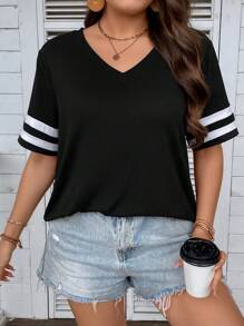 Calvaya Áo thun Plus size Sọc Giải trí - màu đen - Xem 6
