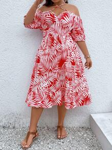 SHEIN Clasi Plus Tropical Print Crisscross Tie Back Off Shoulder Ruffle Hem Dress - Red and White - View 5