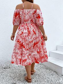 SHEIN Clasi Plus Tropical Print Crisscross Tie Back Off Shoulder Ruffle Hem Dress - Red and White - View 2