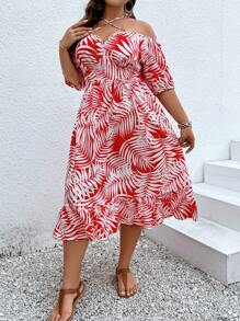 SHEIN Clasi Plus Tropical Print Crisscross Tie Back Off Shoulder Ruffle Hem Dress - Red and White - View 6