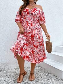 SHEIN Clasi Plus Tropical Print Crisscross Tie Back Off Shoulder Ruffle Hem Dress - Red and White - View 4