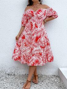 SHEIN Clasi Plus Tropical Print Crisscross Tie Back Off Shoulder Ruffle Hem Dress - Red and White - View 8