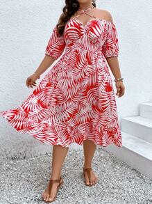 SHEIN Clasi Plus Tropical Print Crisscross Tie Back Off Shoulder Ruffle Hem Dress - Red and White - View 7