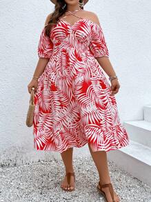 SHEIN Clasi Plus Tropical Print Crisscross Tie Back Off Shoulder Ruffle Hem Dress - Red and White - View 3