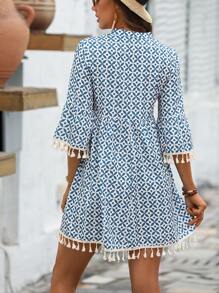 SHEIN LUNE Allover Print Tassel Trim Flounce Sleeve Smock Dress - Blue and White - View 2