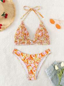 SHEIN Swim 夏季花卉印花褶饰吊带三角比基尼套装 - 彩色 - 查看 3
