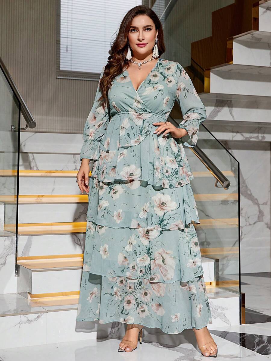 Plus Floral Print Flounce Sleeve Layer Hem Chiffon Bridesmaid Dress - Blue - View 1