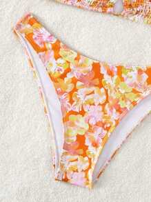 SHEIN Swim 夏季花卉印花褶饰吊带三角比基尼套装 - 彩色 - 查看 5