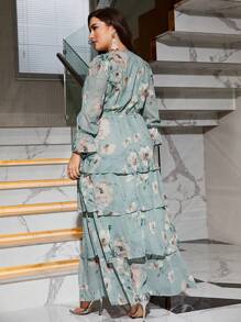 Plus Floral Print Flounce Sleeve Layer Hem Chiffon Bridesmaid Dress - Blue - View 2