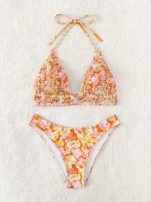 SHEIN Swim 夏季花卉印花褶饰吊带三角比基尼套装 - 彩色 - 查看 7