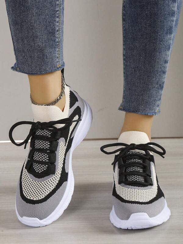 Women Color Block Lace-Up Front Running Shoes, Match Leggings Sporty Outdoor Sneakers