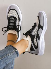 Women Color Block Lace-Up Front Running Shoes, Match Leggings Sporty Outdoor Sneakers