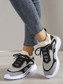 Women Color Block Lace-Up Front Running Shoes, Match Leggings Sporty Outdoor Sneakers