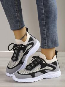 Women Color Block Lace-Up Front Running Shoes, Match Leggings Sporty Outdoor Sneakers