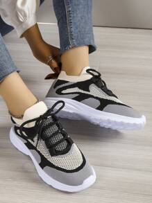 Women Color Block Lace-Up Front Running Shoes, Match Leggings Sporty Outdoor Sneakers