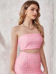UNIQUE21 千鳥格印花抹胸上衣 - 粉色 - 查看 3