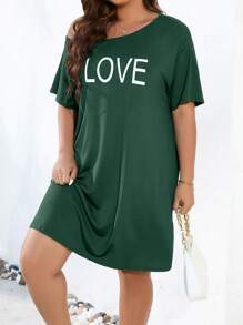 SHEIN LUNE Đầm Plus Size Lá thư Giải trí - Màu xanh lá cây đậm - Xem 1