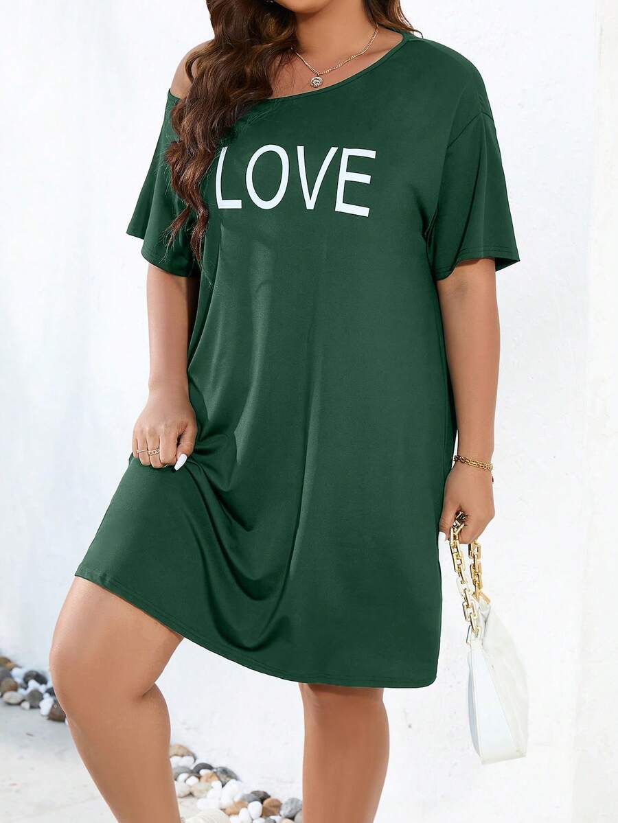 SHEIN LUNE Đầm Plus Size Lá thư Giải trí - Màu xanh lá cây đậm - Xem 1