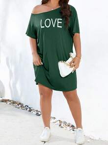 SHEIN LUNE Đầm Plus Size Lá thư Giải trí - Màu xanh lá cây đậm - Xem 3