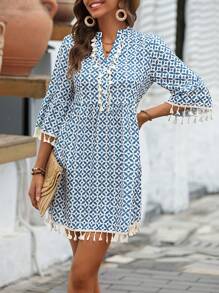 SHEIN LUNE Allover Print Tassel Trim Flounce Sleeve Smock Dress - Blue and White - View 4