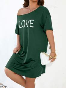SHEIN LUNE Đầm Plus Size Lá thư Giải trí - Màu xanh lá cây đậm - Xem 5