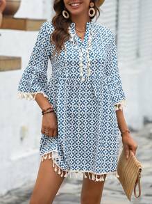 SHEIN LUNE Allover Print Tassel Trim Flounce Sleeve Smock Dress - Blue and White - View 6