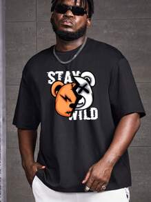 Manfinity RebelGame Men Plus Cotton Cartoon & Letter Graphic Tee - Black - View 1