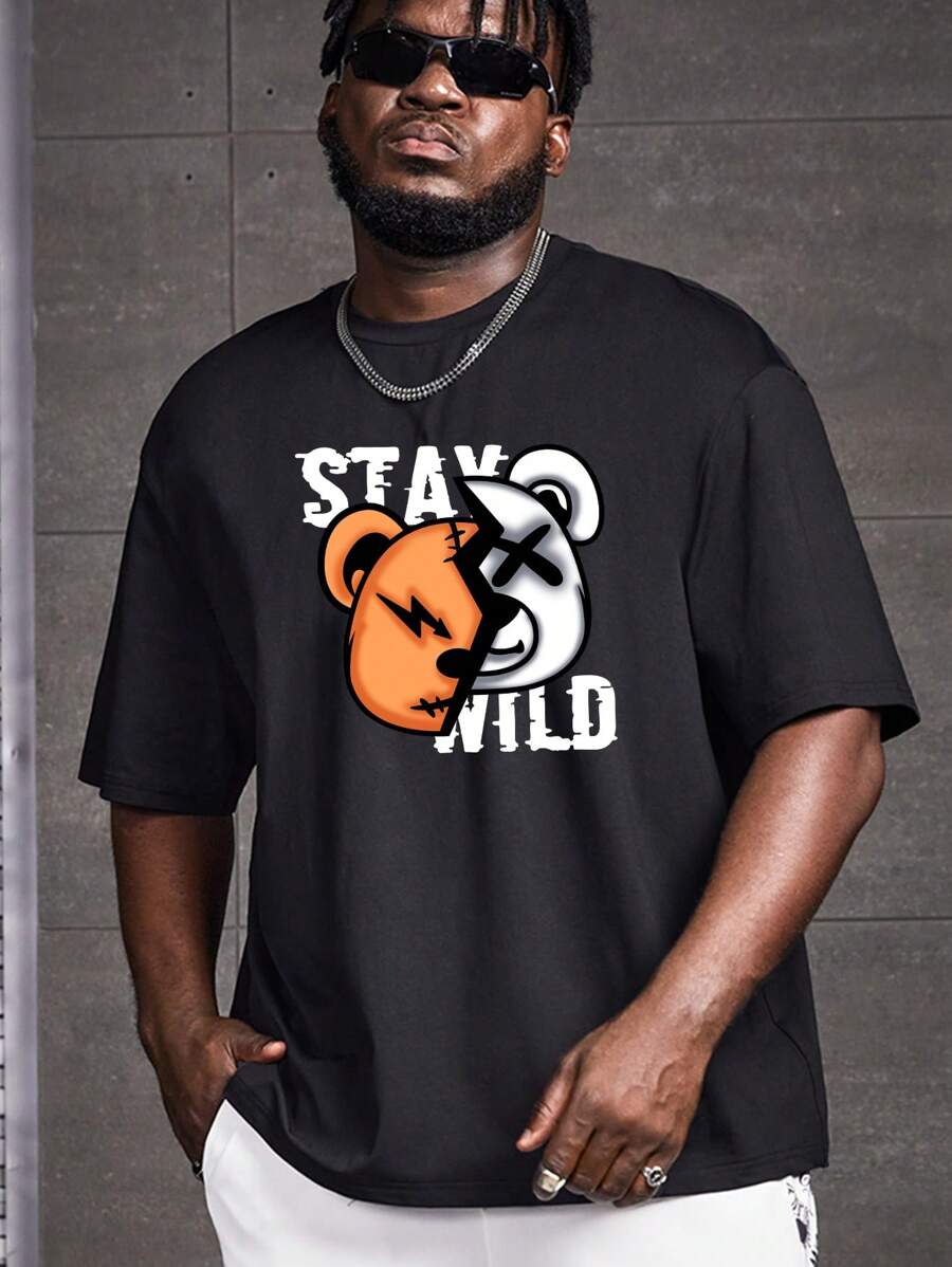 Manfinity RebelGame Men Plus Cotton Cartoon & Letter Graphic Tee - Black - View 1