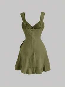 SHEIN MOD 素色荷葉邊圍裹下擺吊帶連衣裙 - 軍綠色 - 查看 2
