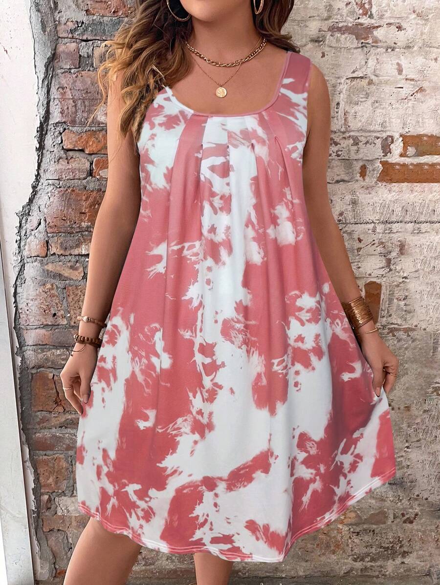 SHEIN Clasi Plus Size Boho Tie Dye Fold Pleated Detail Tank Dress, For Summer - Pink - View 1