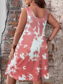 SHEIN Clasi Plus Size Boho Tie Dye Fold Pleated Detail Tank Dress, For Summer - Pink - View 2