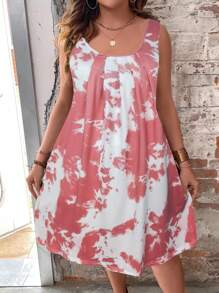 SHEIN Clasi Plus Size Boho Tie Dye Fold Pleated Detail Tank Dress, For Summer - Pink - View 3