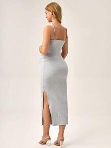 SHEIN Váy Bà bầu Xù Tách cao màu trơn Thanh lịch - Màu Xám nhạt - Xem 2