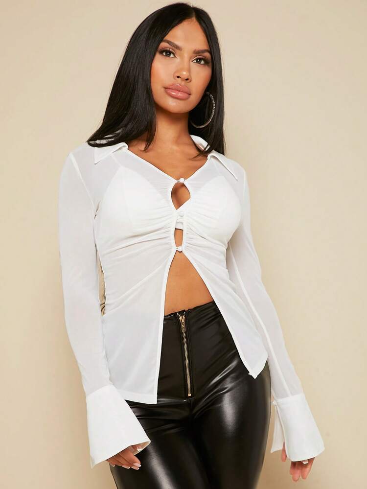 Button Front Flounce Sleeve Mesh Top Without Bra