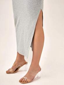 SHEIN Váy Bà bầu Xù Tách cao màu trơn Thanh lịch - Màu Xám nhạt - Xem 6