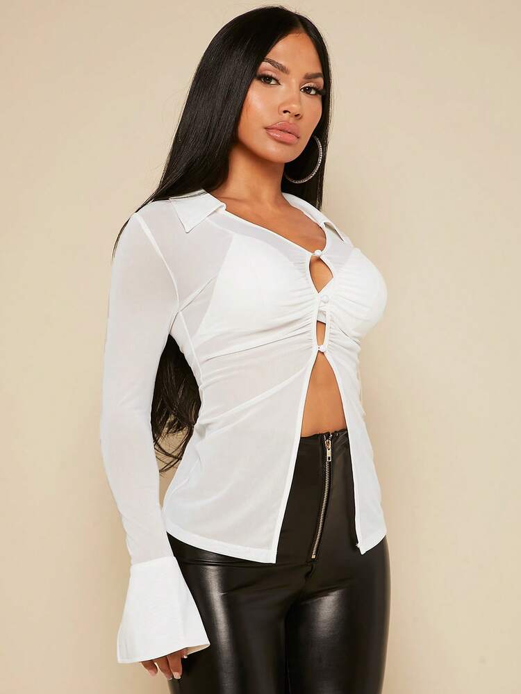 Button Front Flounce Sleeve Mesh Top Without Bra