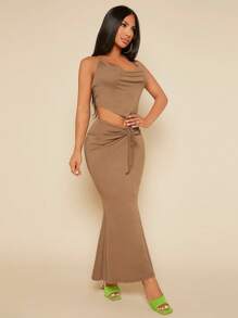 SHEIN SXY Bộ đồ hai mảnh nữ Bất đối xứng Lộ Lưng Dây kéo Xù Vắt màu trơn Gợi cảm - Màu Khaki - Xem 5