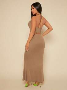 SHEIN SXY Bộ đồ hai mảnh nữ Bất đối xứng Lộ Lưng Dây kéo Xù Vắt màu trơn Gợi cảm - Màu Khaki - Xem 2