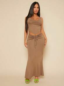 SHEIN SXY Bộ đồ hai mảnh nữ Bất đối xứng Lộ Lưng Dây kéo Xù Vắt màu trơn Gợi cảm - Màu Khaki - Xem 3