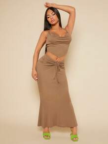 SHEIN SXY Bộ đồ hai mảnh nữ Bất đối xứng Lộ Lưng Dây kéo Xù Vắt màu trơn Gợi cảm - Màu Khaki - Xem 6