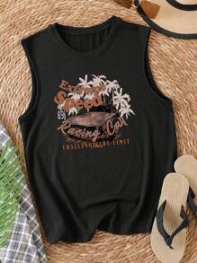 SHEIN VCAY Car & Letter Graphic Tank Top - Black - View 1
