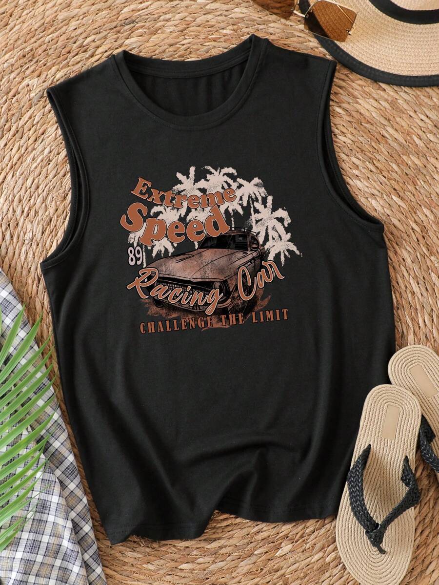 SHEIN VCAY Car & Letter Graphic Tank Top - Black - View 1