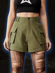 ROMWE Grunge Punk Solid Flap Pocket Shorts - Army Green - View 1