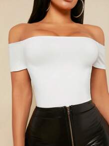 SHEIN SXY 露肩纯色女式黑色连体衣 - 白色 - 查看 5