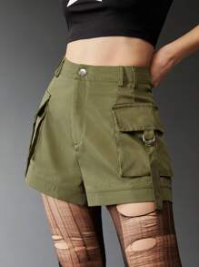 ROMWE Grunge Punk Solid Flap Pocket Shorts - Army Green - View 4